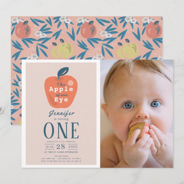 Invitation Apple de notre fille de l'oeil rose Photo 1er anni (Devant / Derrière)