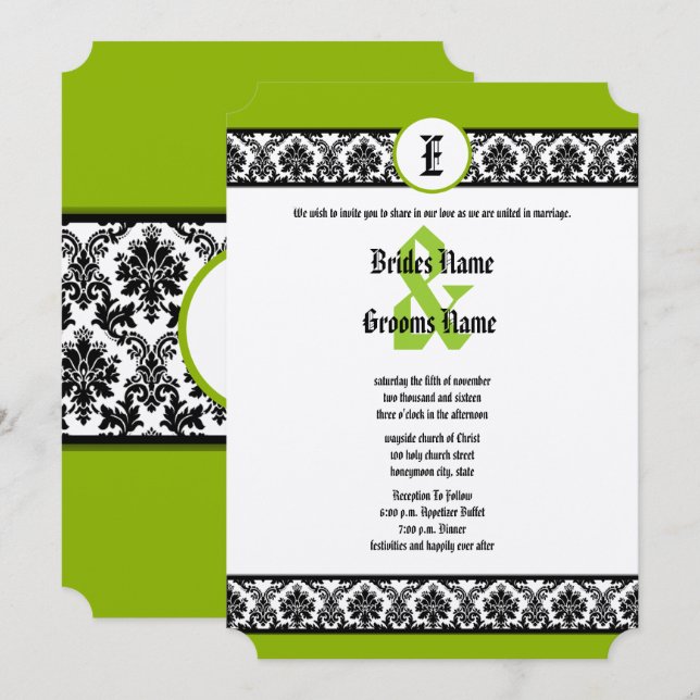 Invitation Apple Green & Black Mariage damassé (Devant / Derrière)