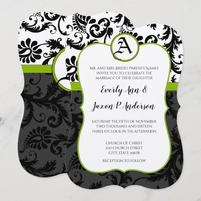 Invitation Apple Green Black Unique Mariage damassé Invitatio (Devant / Derrière)