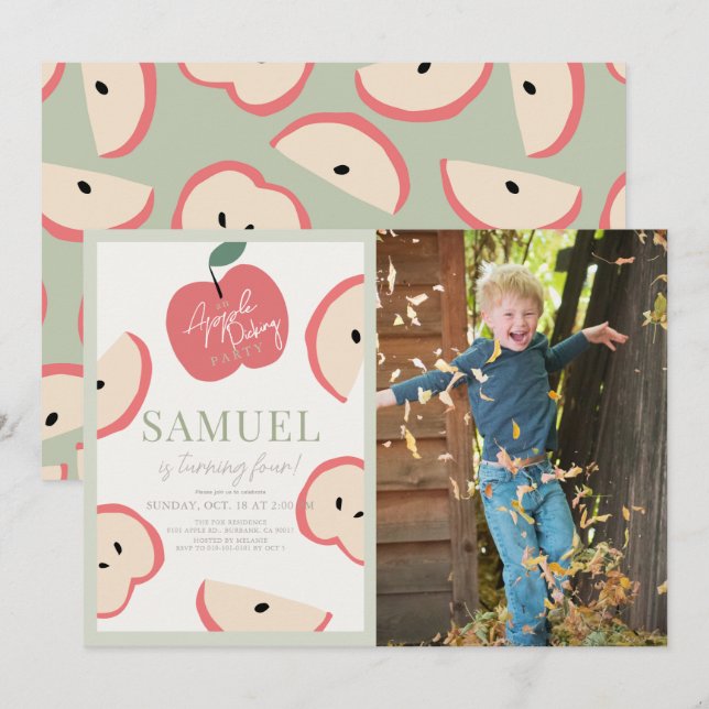 Invitation Apple Picking Party Green Boy Photo Anniversaire (Devant / Derrière)