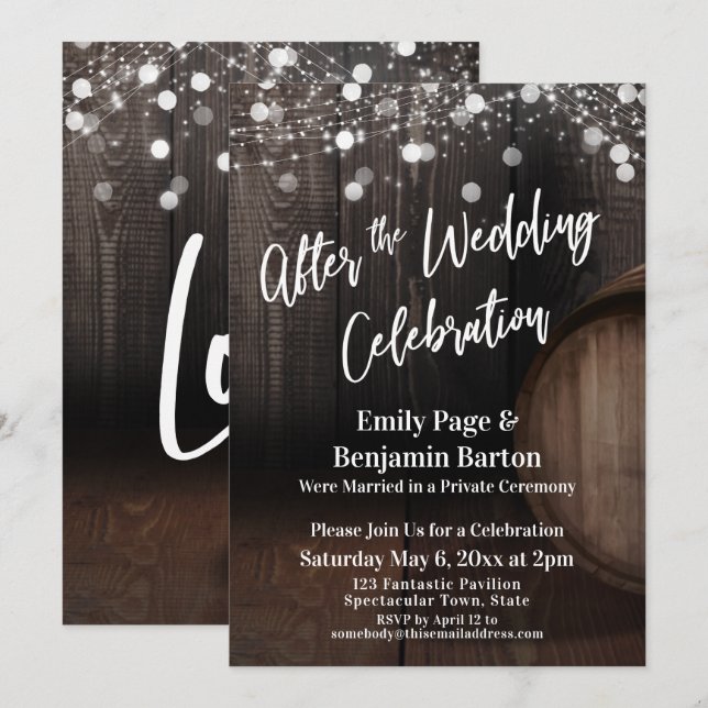 Invitation Après la fête Mariage Baril de bois et lumières (Devant / Derrière)