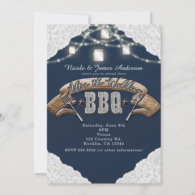 Invitation APRÈS LE BBQ MARIAGE Bleu Mason Jar Lumières & Den (Devant)