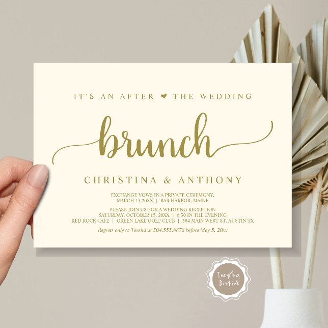 Invitation Après Le Brunch Mariage, Rustic Elopement (After The Wedding Brunch, Elopement Invitation Card, Rustic Script in gold.)