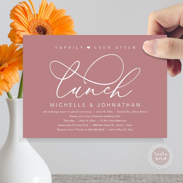 Invitation Après le déjeuner, pour toujours, fête romantique  (Happily Ever After Lunch Invitation Card, PDF, Wedding Elopement, Romantic Heart, Dusty Rose Pink)