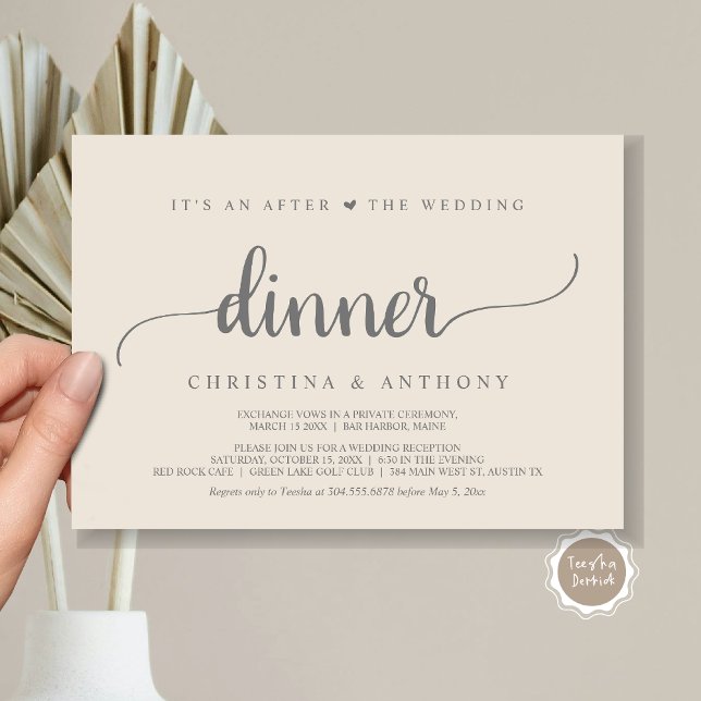 Invitation Après Le Dîner Mariage, Rustic Elopement (It's An After The Wedding Dinner, Elopement Invitation Card, Modern Rustic Script in Grey and Cream.)