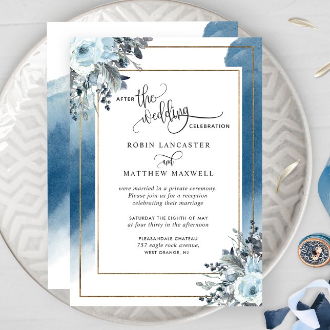Invitation Après le Mariage, aquarelle bleue Floral (Créateur téléchargé)