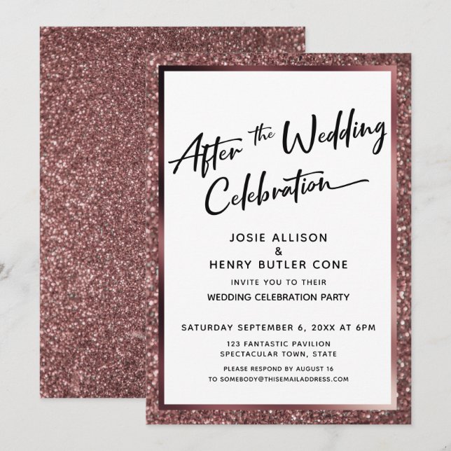 Invitation Après le Mariage Célébration Rose Paillettes d'Or (Devant / Derrière)