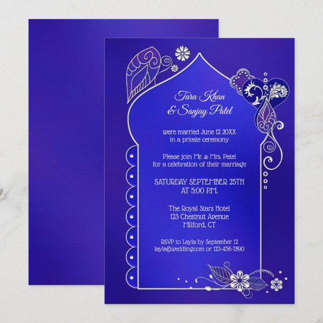 Invitation Après Mariage Bleu Indigo Argent Henna (Devant / Derrière)