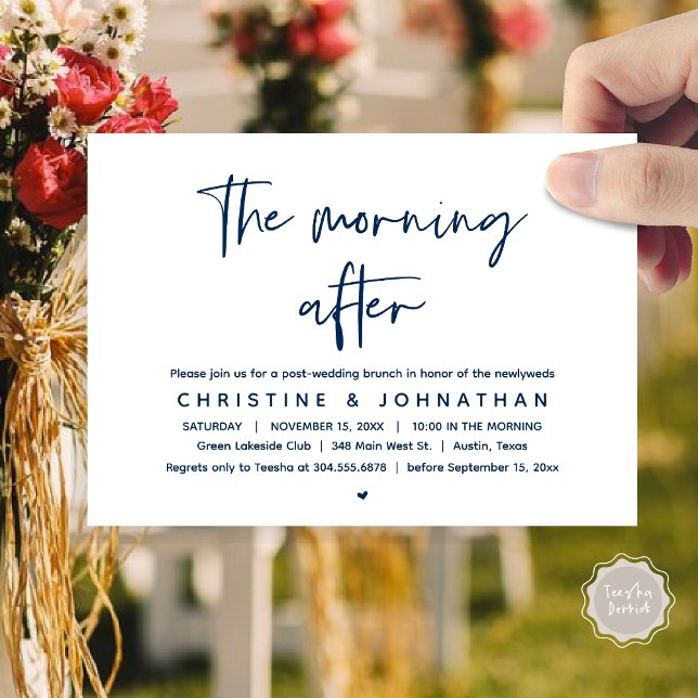 Invitation Après-midi, Brunch Mariage de la Poste moderne (Thanks a brunch, The Morning After, post wedding celebration invitation card, PDF, Navy Blue)