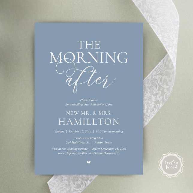 Invitation Après-midi, Post mariage Brunch Célébration (The Morning After, Modern Post wedding Brunch Lunch Celebration Invitation Card, PDF, Dusty Blue)
