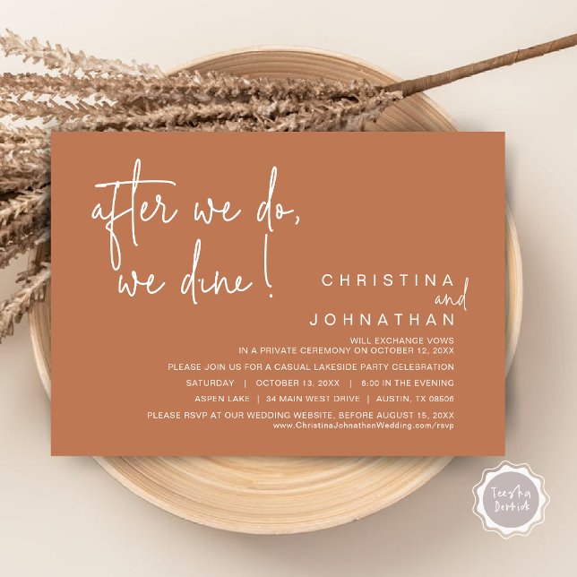 Invitation Après, Nous Dînons, Dîner Mariage Elopement (After We Do, We Dine, Wedding Elopement Dinner Invitation Card, PDF, Handwriting, Copper Rust Brown)