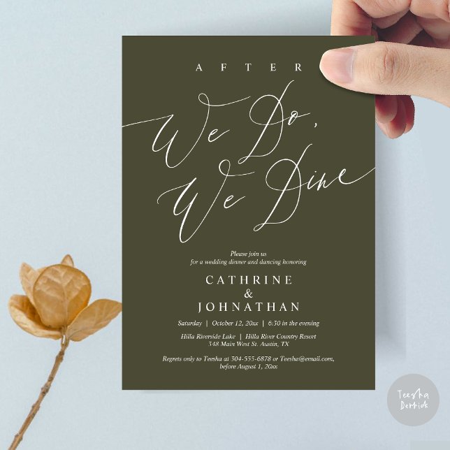 Invitation Après, nous dînons, Dîner Mariage et Danser (After we do, we dine, Modern Romance Wedding Dinner and Dancing Invitation Card, PDF, in Olive Green)