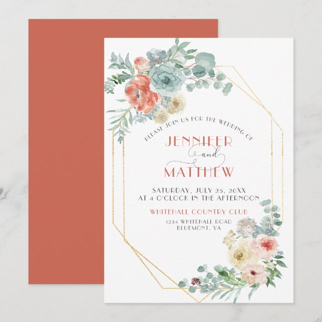 Invitation Apricot Wasabi Vert or Mariage géométrique Floral (Devant / Derrière)