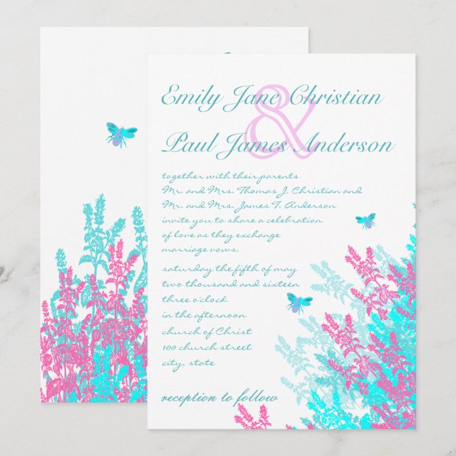 Invitation Aqau bleu clair Hot rose Fleurs sauvages Abees (Devant / Derrière)