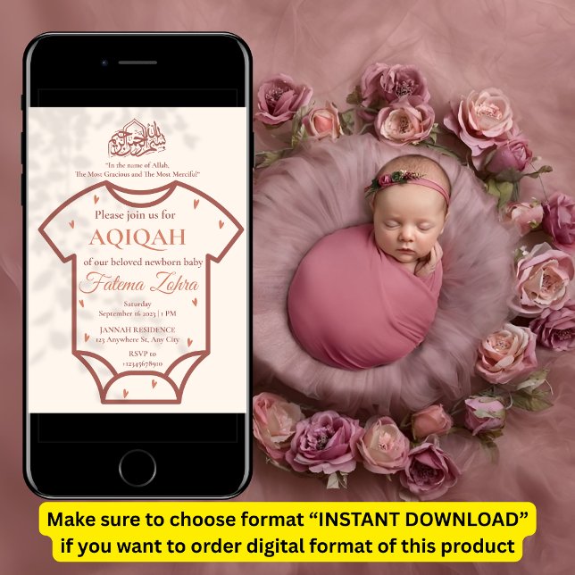 Invitation Aqiqah Bodysuit rose bébé fille musulmane islamiqu (Créateur téléchargé)