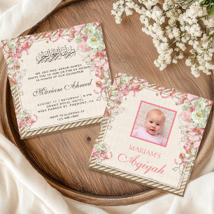 Invitation Aqiqah de photo de bébé fille florale rose rétro v