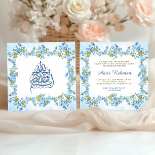 Invitation Aqiqah élégant pour bébé garçon à fleurs bleues
