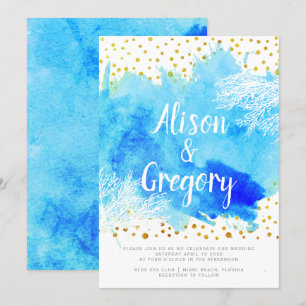 Invitation Aqua aquarelle corail récif or confetti mariage