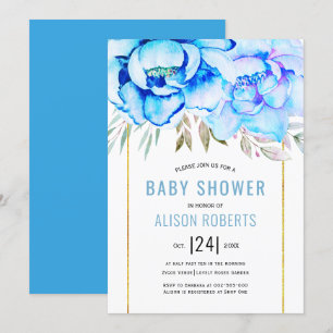 Invitation Aqua aquarelle fleurs baby shower garçon fleuri