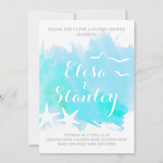 Invitation Aqua aquarelle, starfish mariage couples douche (Devant)