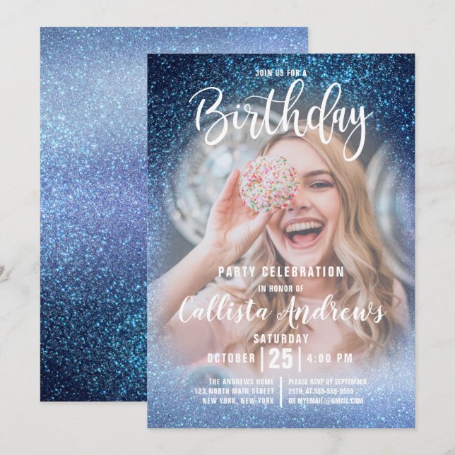 Invitation Aqua Baby Blue Triple Parties scintillant Ombre Ph (Devant / Derrière)