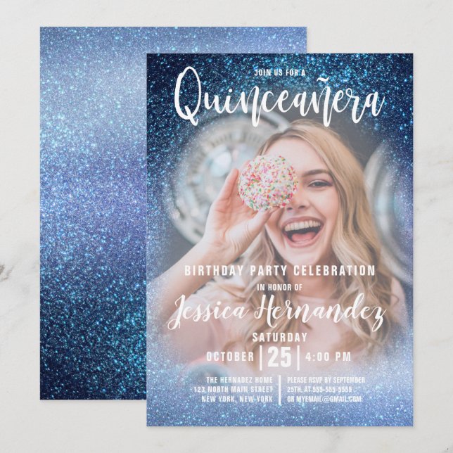Invitation Aqua Baby Blue Triple Parties scintillant Photo Qu (Devant / Derrière)