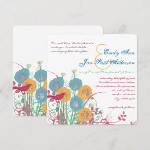 Invitation Aqua Beeswax Raspberry Wild Flower Bird Wedding