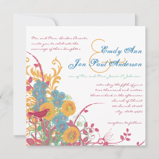 Invitation Aqua Beeswax Raspberry Wild Flower Mariage (Devant)