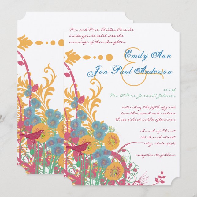 Invitation Aqua Beeswax Raspberry Wild Flower Mariage (Devant / Derrière)