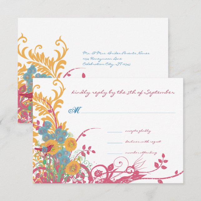 Invitation Aqua Beeswax Raspberry Wild Flower Mariage (Devant / Derrière)