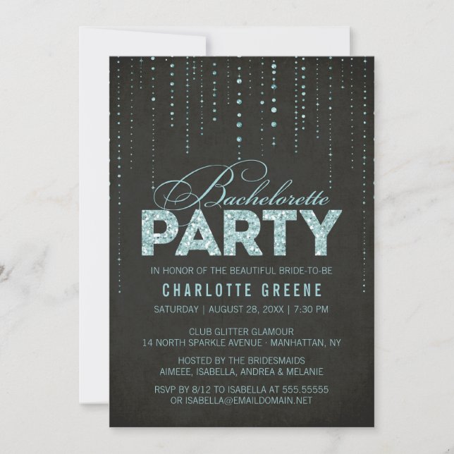 Invitation Aqua & Black Parties scintillant Look Bachelorette (Devant)