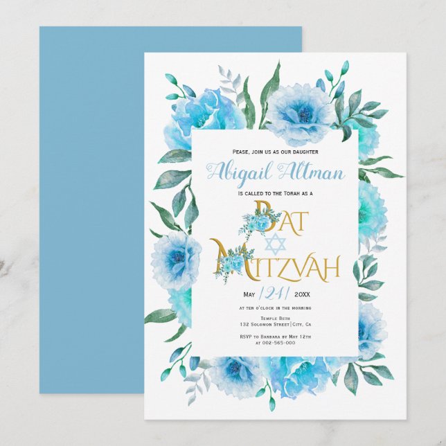 Invitation Aqua bleu aquarelle fleurs Bat mitzvah (Devant / Derrière)