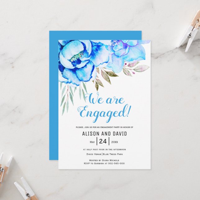 Invitation Aqua bleu aquarelle fleurs fiançailles (Devant/Arrière en situation)