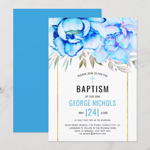 Invitation Aqua bleu aquarelle fleurs fleuris garçon floral B