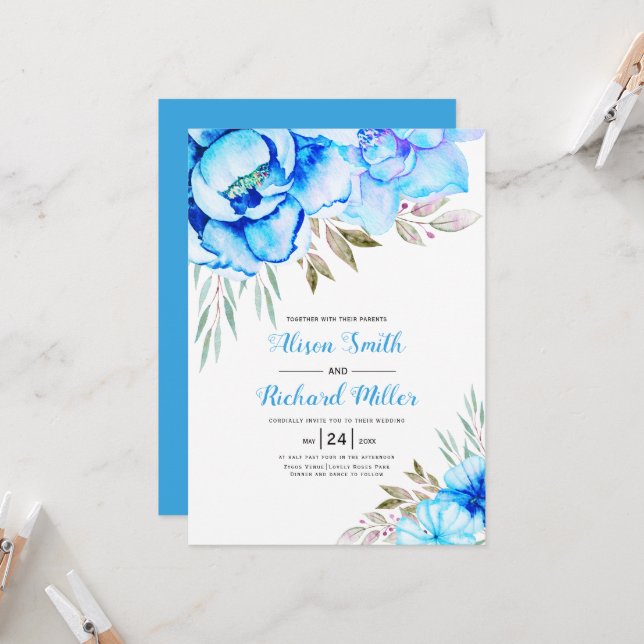 Invitation Aqua bleu aquarelle fleurs mariage (Devant/Arrière en situation)