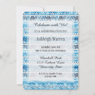 Invitation Aqua bleu blanc rayures tribales 16e anniversaire