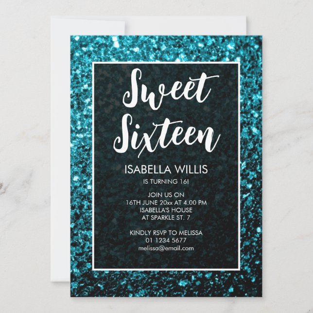 Invitation Aqua bleu étincelle Sweet 16 élégant script (Devant)