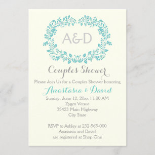 Invitation Aqua bleu feuillage initiales mariage couples douc