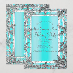 Invitation Aqua Bleu & Flocons de Neige d'Hiver Argentés Fête