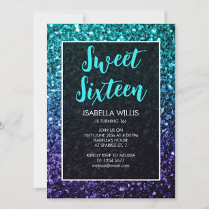 Invitation Aqua bleu ombre paillettes écriture élégante Sweet