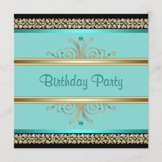 Invitation Aqua Bleu Sarcelle Femme Noir Or Fête d'anniversai