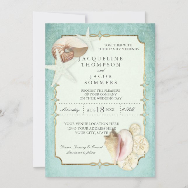 Invitation Aqua Blue Beach Ocean Shell Sand Faux Gold Mariage (Devant)