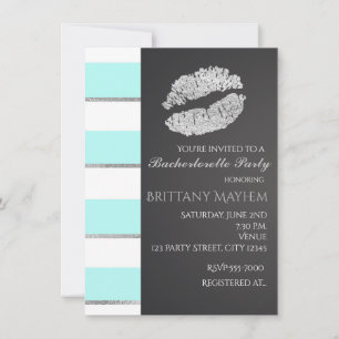 Invitation Aqua Blue & Blanc Faux Argent Lips Kiss Party