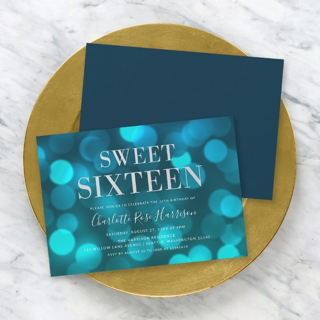 Invitation Aqua Blue Bokeh Lights Sweet sixteen Anniversaire (Créateur téléchargé)