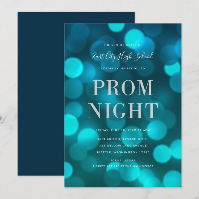 Invitation Aqua Blue Bokeh Lumières Argent Bal de Promo Lycée (Devant / Derrière)