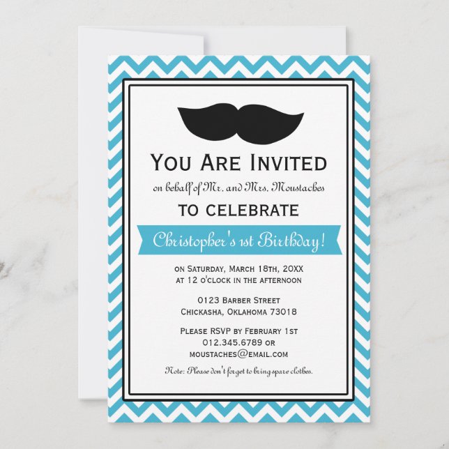 Invitation Aqua Blue Boy Mustache Chevron (Devant)