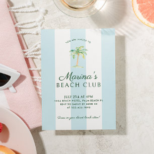 Invitation Aqua Blue Cabana Stripes Palm Beach Club Anniversa