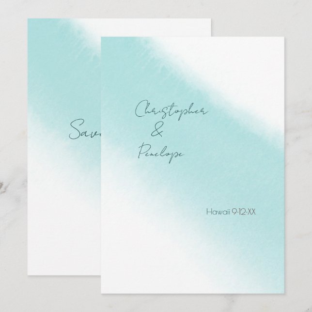 Invitation Aqua Blue Calligraphy Aquarelle Enregistrer la dat (Devant / Derrière)