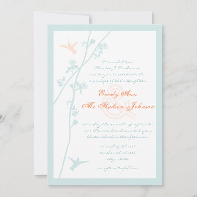 Invitation Aqua Blue Coral Flower Humming Mariage (Devant)