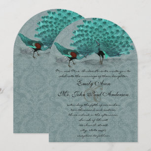 Invitation Aqua Blue Damask Peacock Élégance métallique